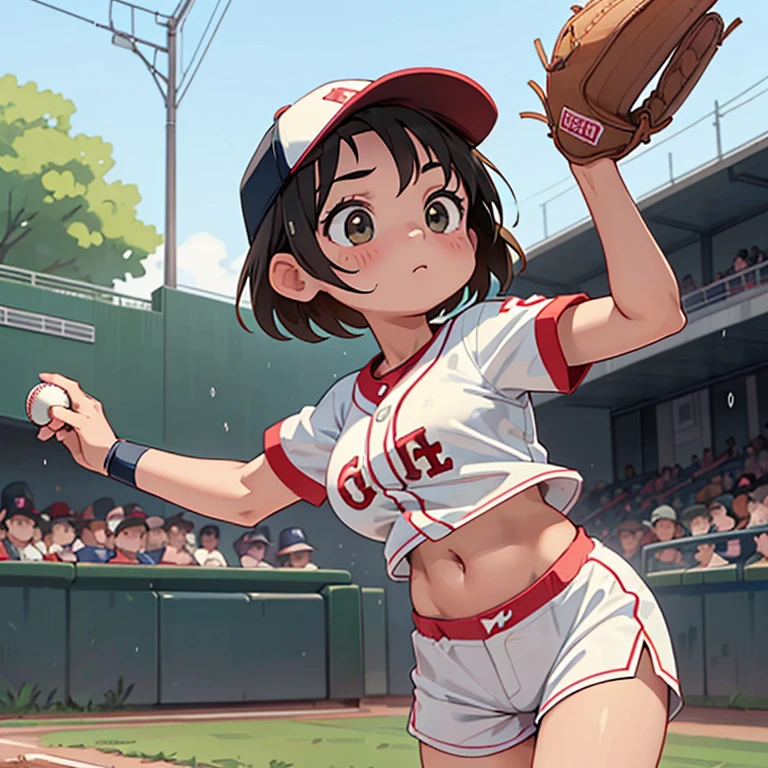 (highest quality, super high resolution, historical masterpiece) Beautiful baseball player girl (cute girl, 8 years old: 1.5) Baseball uniform with little fabric, (loli big breasts, gigantic breasts, erect nipples that stand out even when clothed) (baseball cap, uniform with school name embroidered on it, short length, navel visible, shorts so short that underwear is visible, delicately drawn clothes, baseball mitt, jumping to catch a baseball), active poses, dynamic effects, dramatic composition, rainy weather, Koshien in summer