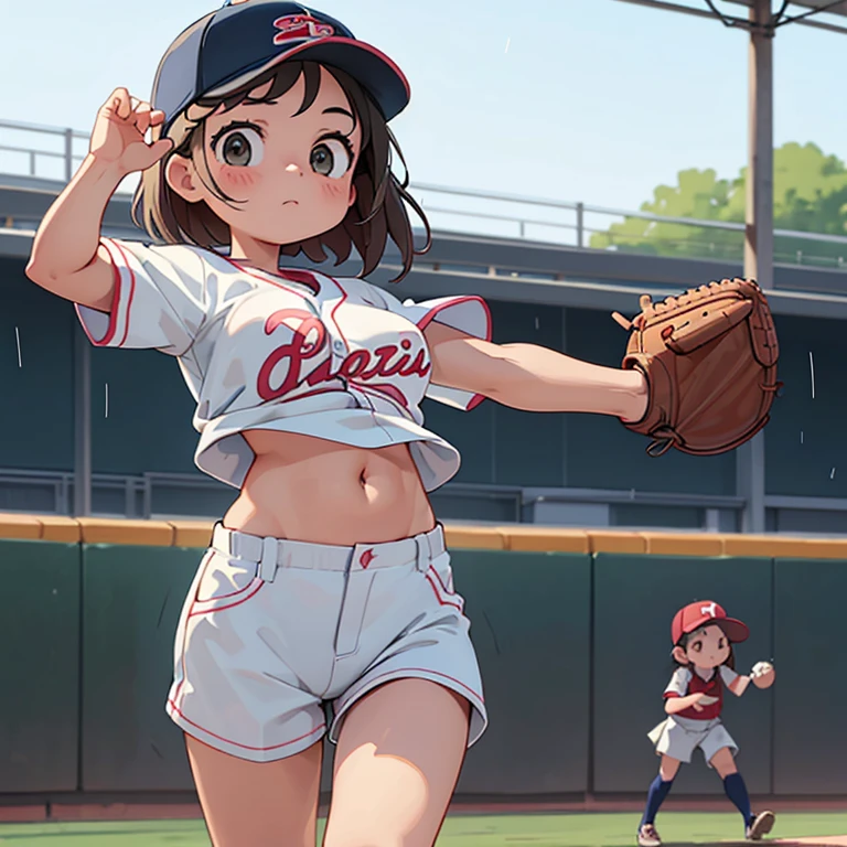 (highest quality, super high resolution, historical masterpiece) Beautiful baseball player girl (cute girl, 8 years old: 1.5) Baseball uniform with little fabric, (loli big breasts, gigantic breasts, erect nipples that stand out even when clothed) (baseball cap, uniform with school name embroidered on it, short length, navel visible, shorts so short that underwear is visible, delicately drawn clothes, baseball mitt, jumping to catch a baseball), active poses, dynamic effects, dramatic composition, rainy weather, Koshien in summer