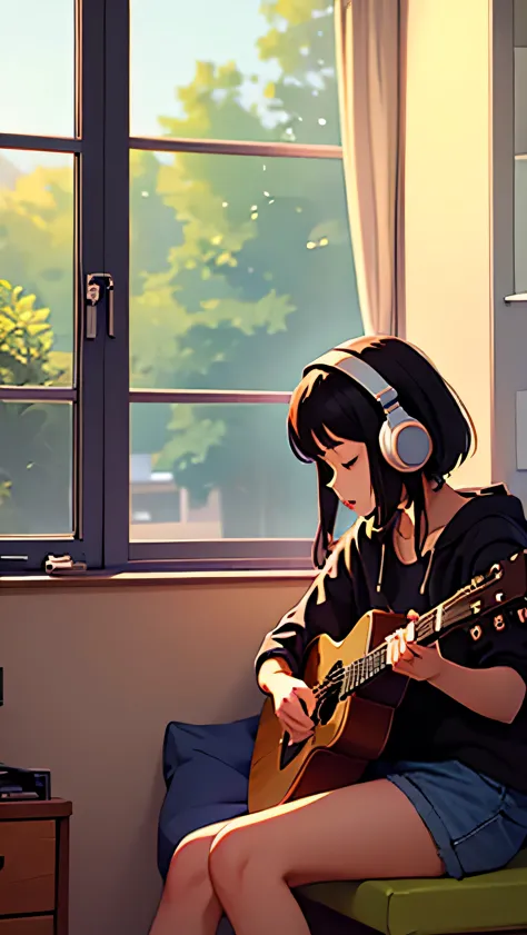 A girl wearing headphones is playing an acoustic guitar in her room。Outside the window, it&#39;s summer