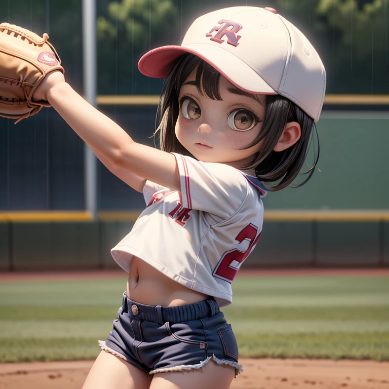 (highest quality, super high resolution, historical masterpiece) Beautiful baseball player girl (cute girl, 8 years old: 1.5) Baseball uniform with little fabric, (loli big breasts, gigantic breasts, erect nipples that stand out even when clothed) (baseball cap, uniform with school name embroidered on it, short length, navel visible, shorts so short that underwear is visible, delicately drawn clothes, baseball mitt, jumping to catch a baseball), active poses, dynamic effects, dramatic composition, rainy weather, Koshien in summer