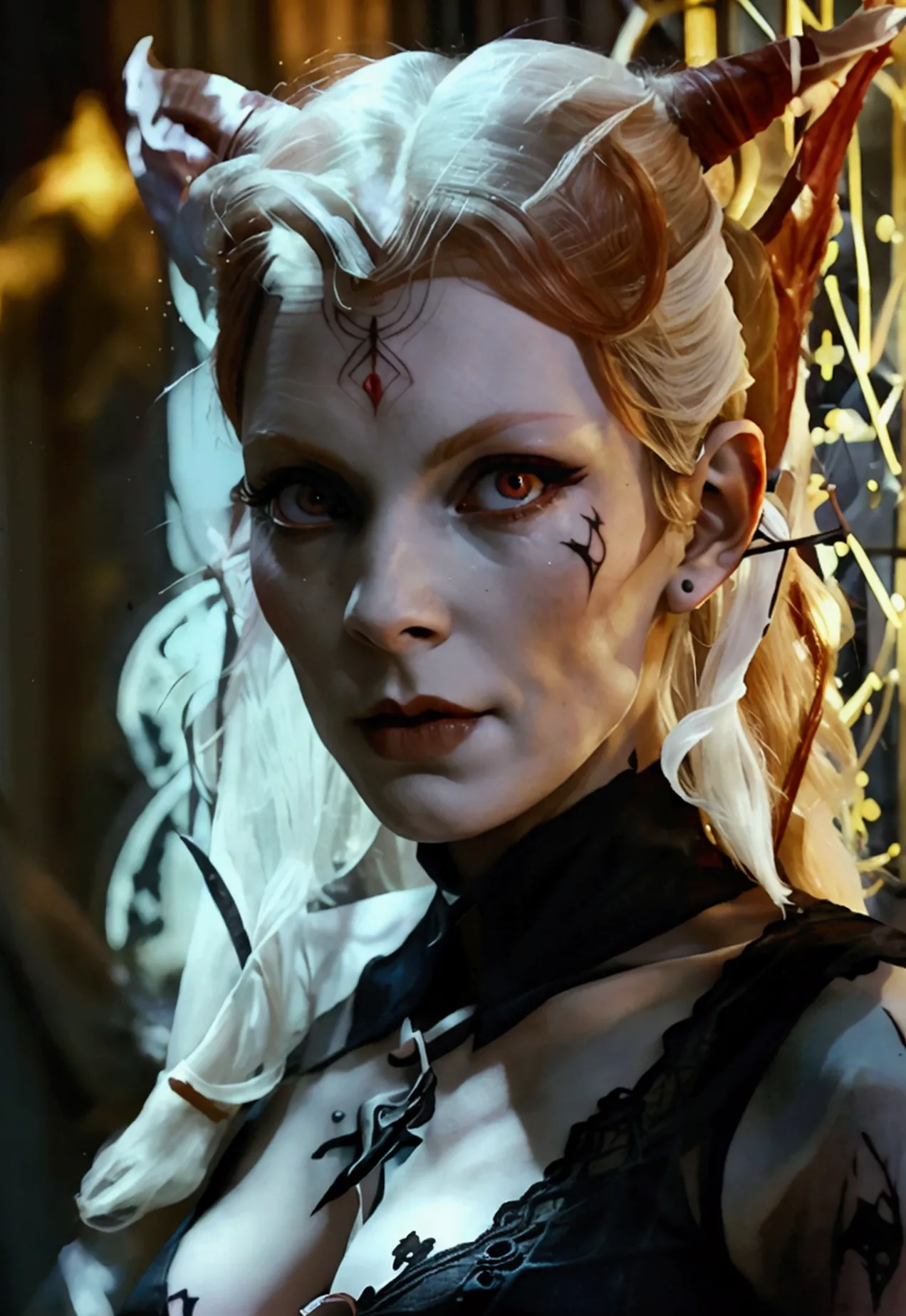 A dark elf (Beverly Crusher, age 30, pale white skin, large pointy ears, blood red eyes, large evil tattoos, sheer black lingeri...