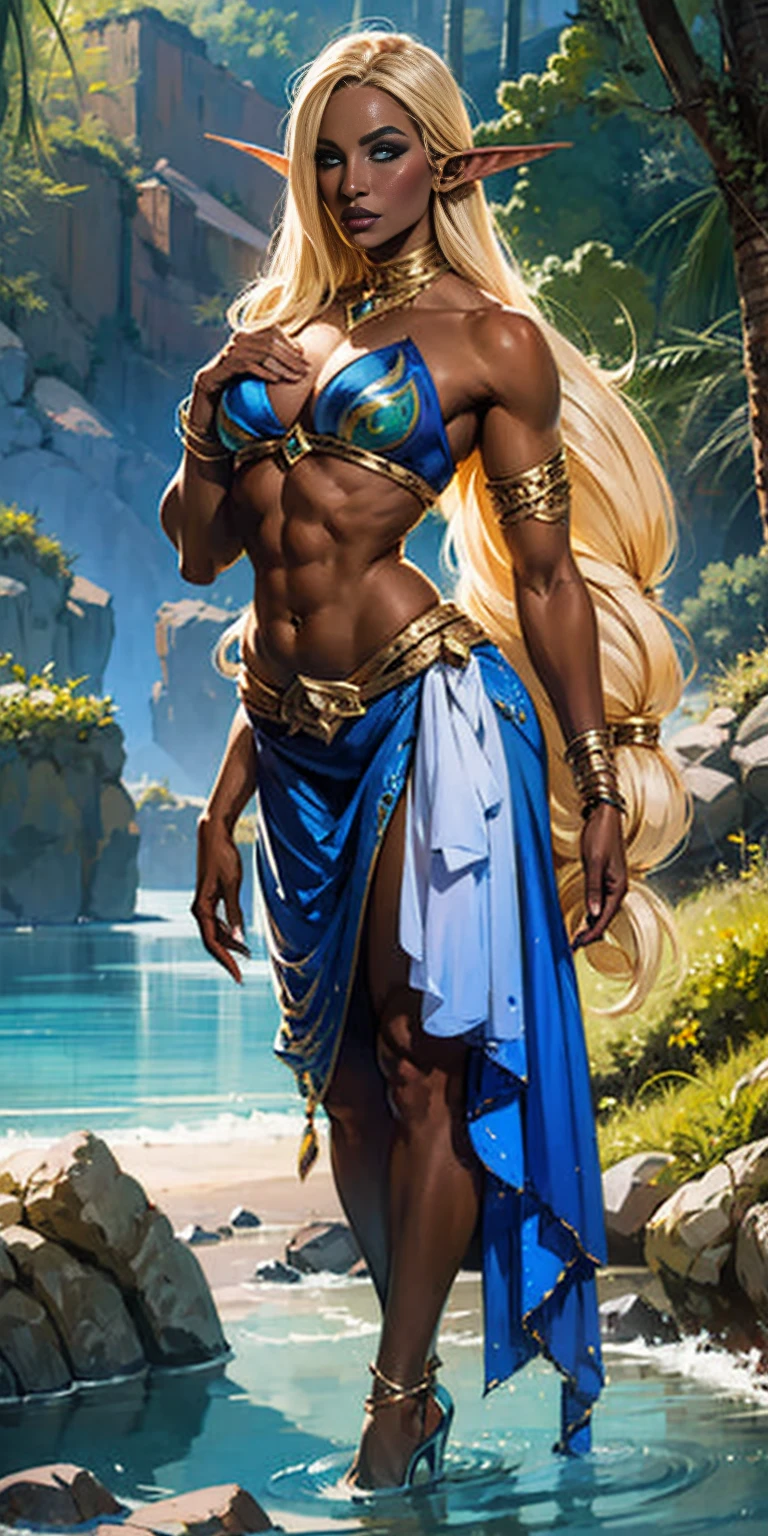 Extremely detailed Artgerm style: This sets the overall artistic style with a high level of detail. Fantasy art: This specifies the genre. Goddess of the green forest: This defines the character's role and gives context to the setting. Woman with long, elf ears: This incorporates the elf features. Black skin: This specifies the character's race. Ornate bikini armor: This combines the skimpy clothing with a fantastical, protective element. Blue high heels standing straight symmetrical: This suggests the color of the bikini and potentially the water body. Long, messy blonde hair: This adds a detail that contrasts the Artgerm style, which is typically more polished for hair.