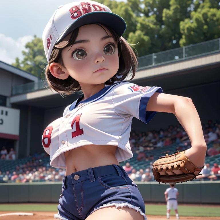 (highest quality, super high resolution, historical masterpiece) Beautiful baseball player girl (cute girl, 8 years old: 1.5) Baseball uniform with little fabric, (loli big breasts, gigantic breasts, erect nipples that stand out even when clothed) (baseball cap, uniform with school name embroidered on it, short length, navel visible, shorts so short that underwear is visible, delicately drawn clothes, baseball mitt, jumping to catch a baseball), active poses, dynamic effects, dramatic composition, rainy weather, Koshien in summer