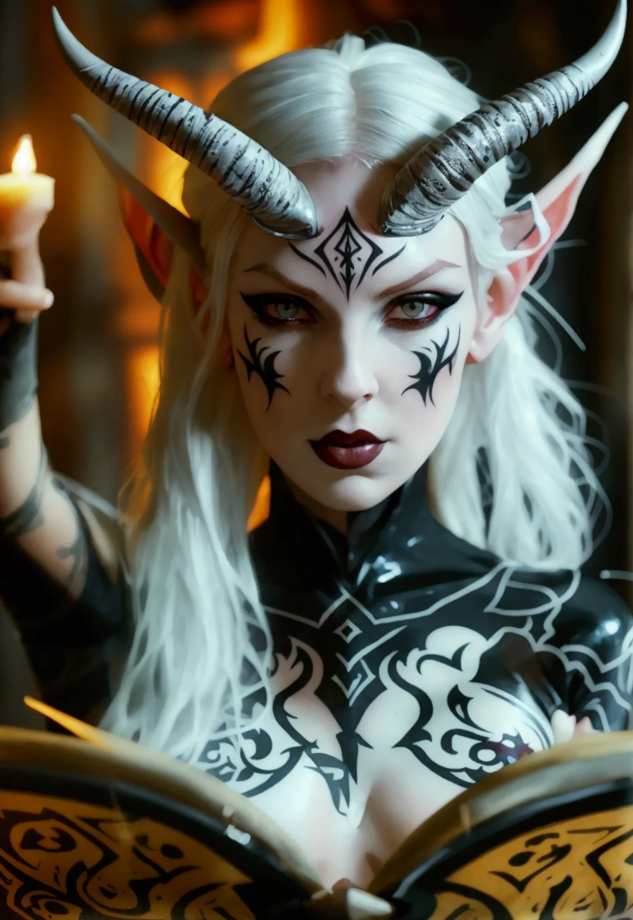 A dark elf (cute woman, pale white skin, large pointy ears, blood red eyes, large evil tattoos, sheer black lingerie), she is st...