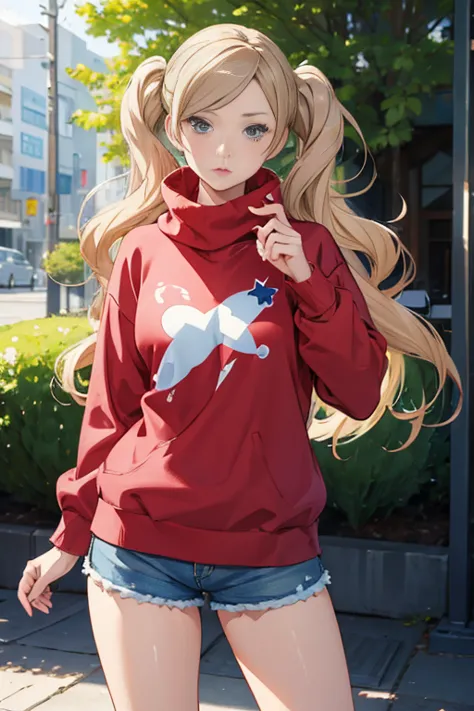 (((masterpiece))), HD 4k res image, no blur, Ann Takamaki, innocent, outdoor, wearing oversized Sweaters and shorts
,