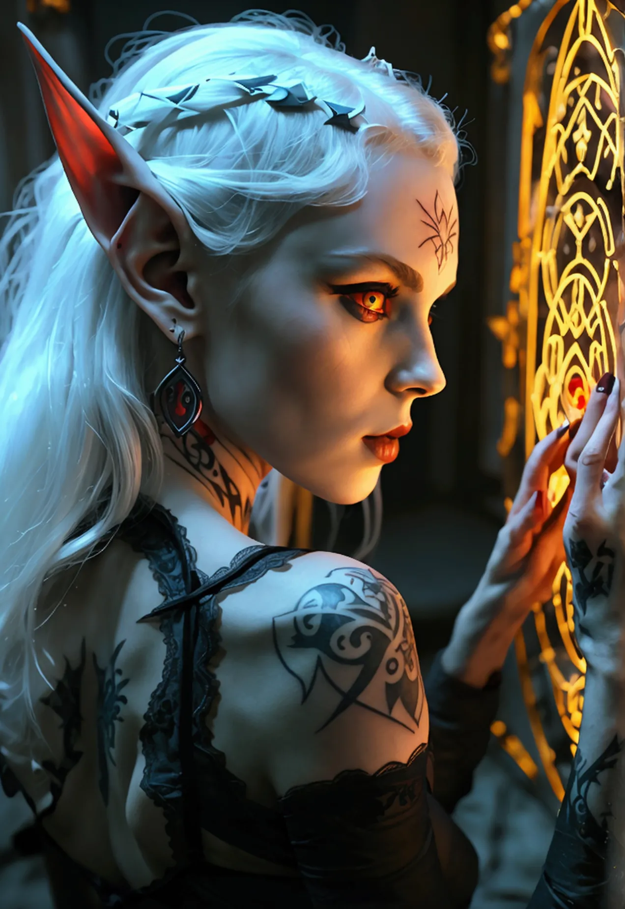 A dark elf (cute woman, pale white skin, large pointy ears, blood red eyes, large evil tattoos, sheer black lingerie), she is st...