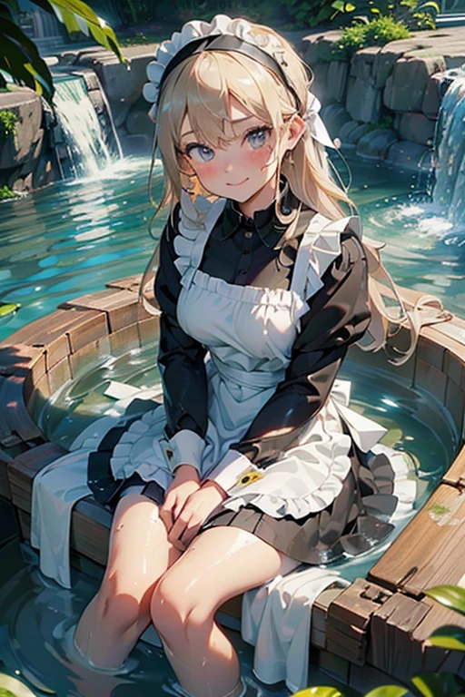 (Super best quality:1.6), (Highest quality:1.4), (detailed:1.4), (Attention to detail:1.4), (Ultra-high resolution:1.6), 4K, (Detailed face), (Maid clothes, White apron, Headband, Black Dress, ribbon, Maid clothes, Classic, Long:1.4), (White and black maid clothes), bionde, Blue eyes, Cat ear, cute, Small breasts, The best smile, Looks happy, Soaked from head to toe, (Water drips from the clothes:1.6), (Water Drop:1.6), (Soaked from head to toe:1.6), (water drop all over the body:1.6), (Entering the water fully clothed:1.4), (Water Drops drip from the whole body:1.6), (Big waterfall, Taki training), In the water, Deep River, Being struck by a waterfall, Waterfall basin, (Waterlogged), (Bathing in a waterfall:1.6), (Bathing fully clothed), Bathing, Waterfall shower, Waterfall bath, naturals, Splash water from your head, water drop all over the body,
