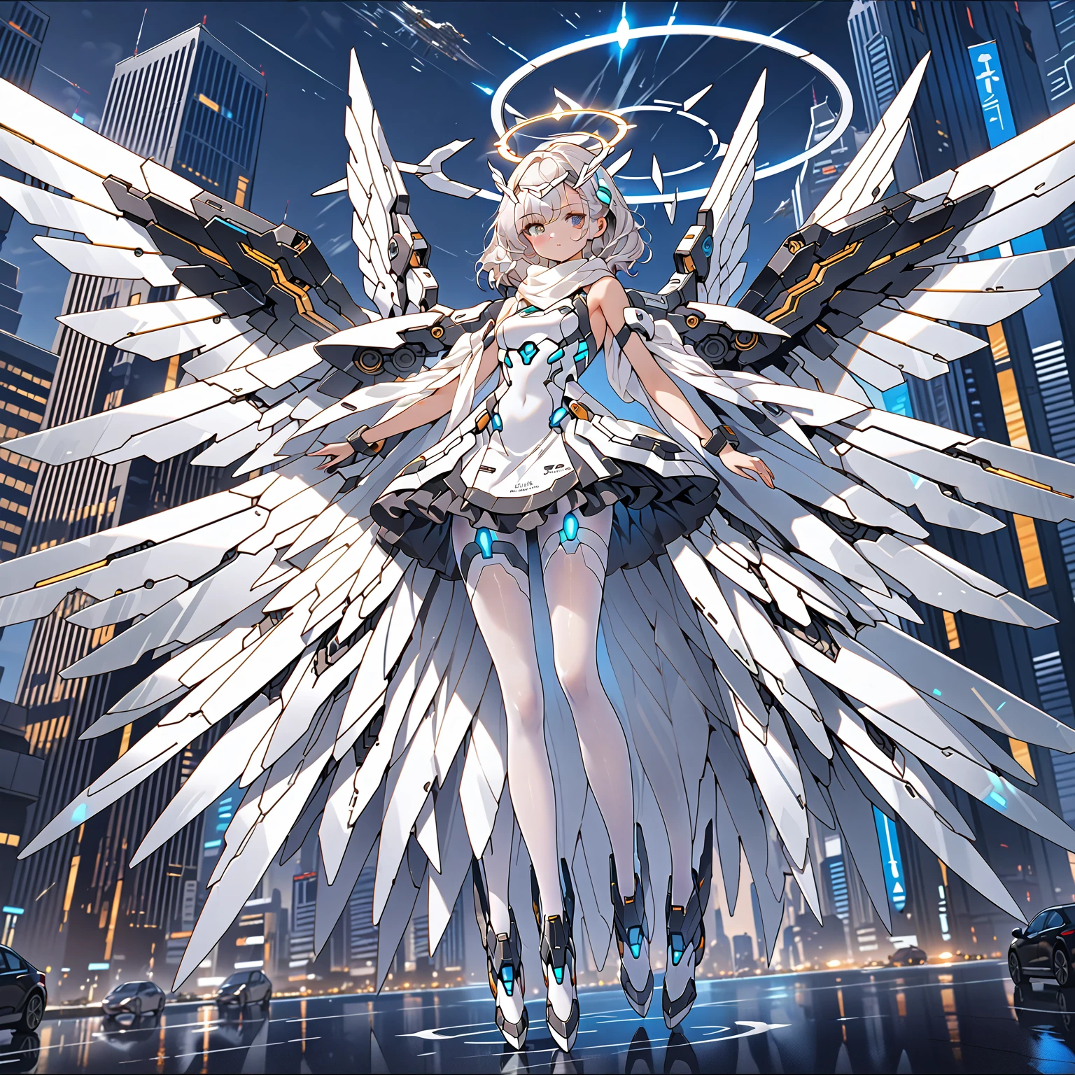 masterpiece, highest quality, highest resolution, clear_image, detailed details, white hair, 1 girl, futuristic wings, futuristic halo, white sci fi mecha dress, white scarf with blow glow, white pantyhose, full body, no water marks, city, no extra limps, no extra body