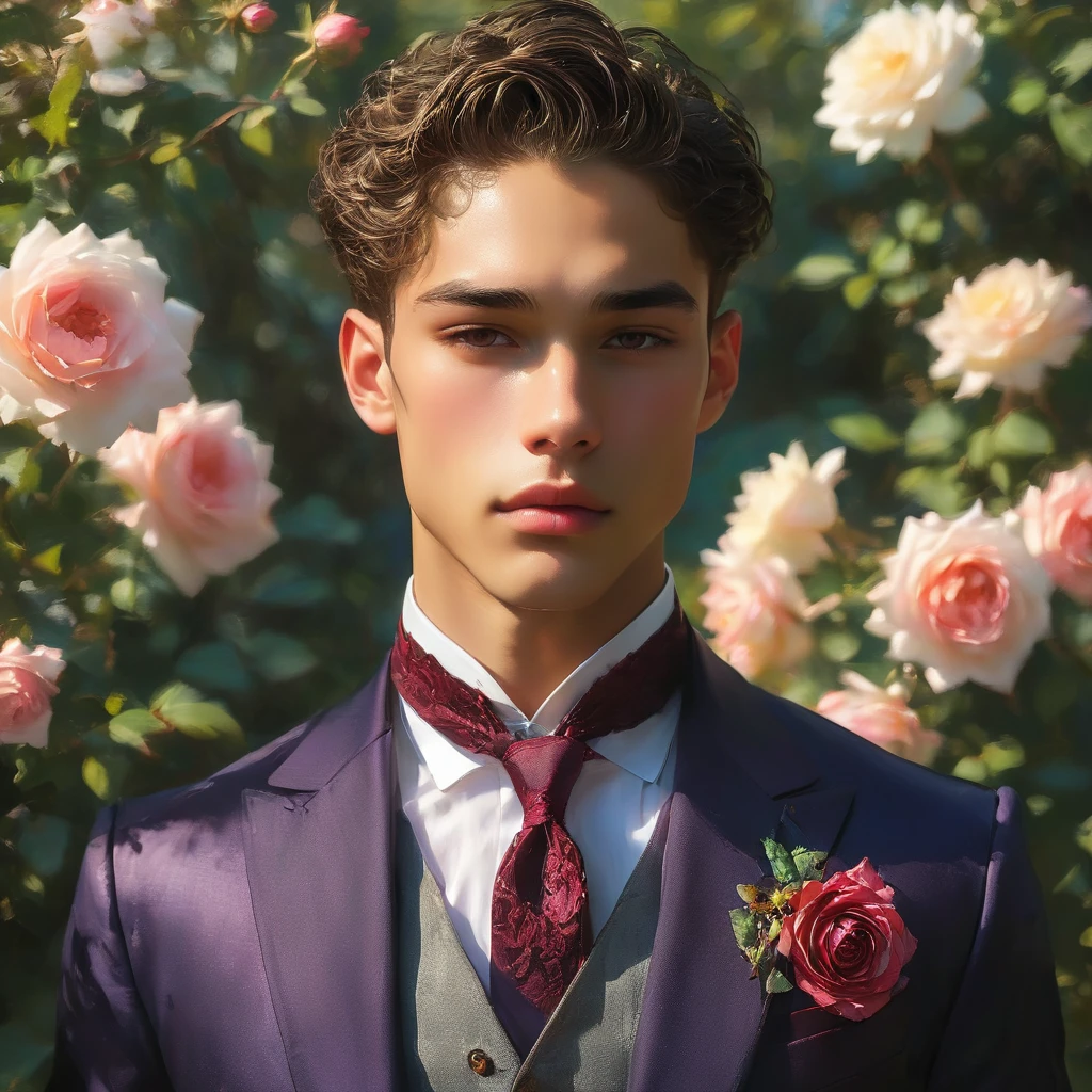 Create an image of a young man inspired by the characteristics of the rose 'The Prince, mixed race male model 23-25 year old, (angel face, prince eyes, lightly sweet smile), standing in a poised and regal posture, hand resting by his side, evokes a sense of deep contemplation and elegance. He is dressed in a deep, rich velvet jacket in dark deep purple or red wine, adorned with intricate embroidery and layered over a crisp black shirt, complemented by dark tailored trousers and polished black shoes. His clothing reflects the complex, multi-petaled structure of the rose, with detailed textures and luxurious fabrics.
The composition places the model slightly off-center, allowing for a view of a lush greenhouse garden background with glossy green leaves and hints of blooming deep-red roses, creating a natural yet sophisticated setting. Soft diffused lighting highlights the model's features and clothing, casting gentle shadows that add depth and dimension to the image. The overall atmosphere is one of quiet intensity and refined elegance, with a subtle hint of romanticism.
The photo is taken at eye level with a slight upward angle to emphasize the model's regal presence, using a medium-format camera, Canon EOS R7 and Sigma AF 85mm F1.4 EX DG HSM lens, used to achieve a shallow depth of field, ensuring the model stands out sharply against the softly blurred background.
 by photographers Thomas Synnamon known for his ability to capture elegance and refinement in fashion photography, golden hour dreamlike settings and intricate details complements the theme perfectly.