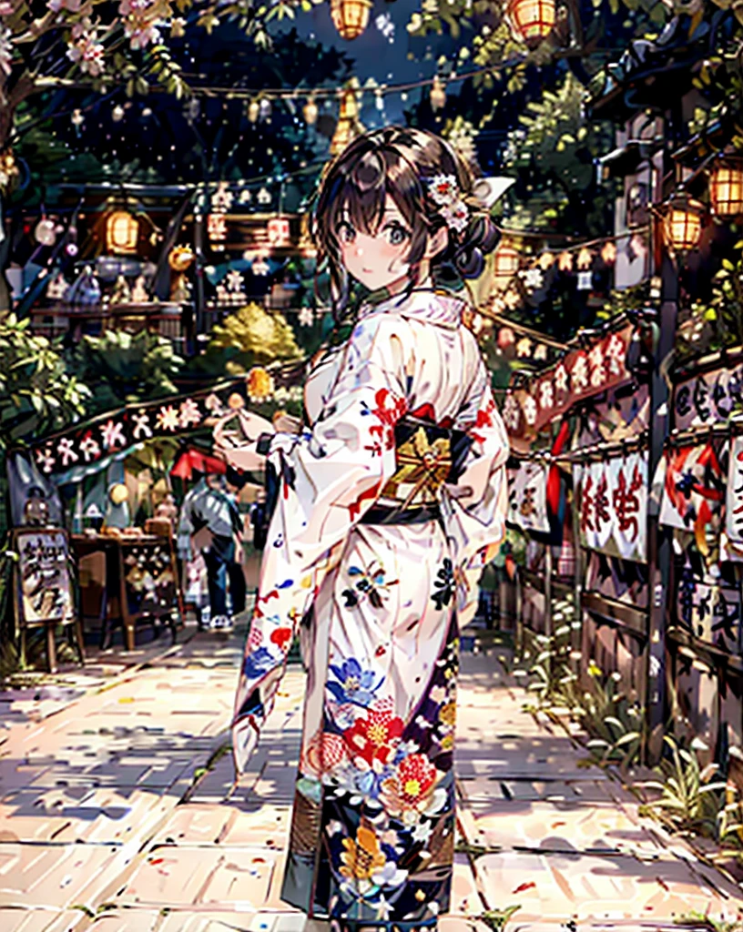 masterpiece, highest quality, super detailed, figure, OMATSURI, food stand, 1 girl, beautiful eyes, looking at the viewer, from behind, cowboy shot, think back, yukata, wood, outdoors,road, walk,  crowd, night, lanthanum, festival, food, paved, Crossing road, paper lanthanum, street lamppost, brown hair, night sky,