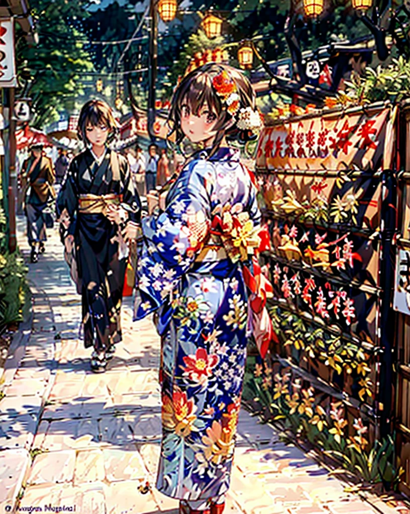 masterpiece, highest quality, super detailed, figure, OMATSURI, food stand, 1 girl, beautiful eyes, looking at the viewer, from behind, cowboy shot, think back, yukata, wood, outdoors,road, walk,  crowd, night, lanthanum, festival, food, paved, Crossing road, paper lanthanum, street lamppost, brown hair, night sky,