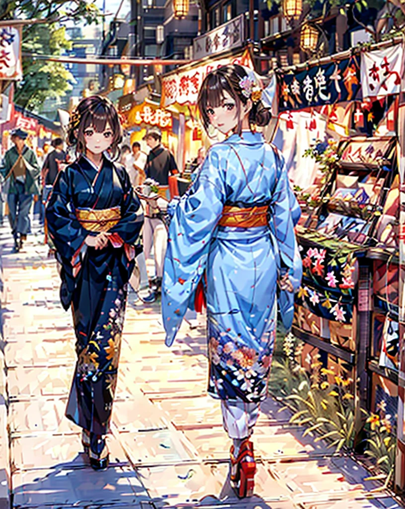 masterpiece, highest quality, super detailed, figure, OMATSURI, food stand, 1 girl, beautiful eyes, looking at the viewer, from behind, cowboy shot, think back, yukata, wood, outdoors,road, walk,  crowd, night, lanthanum, festival, food, paved, Crossing road, paper lanthanum, street lamppost, brown hair, night sky,