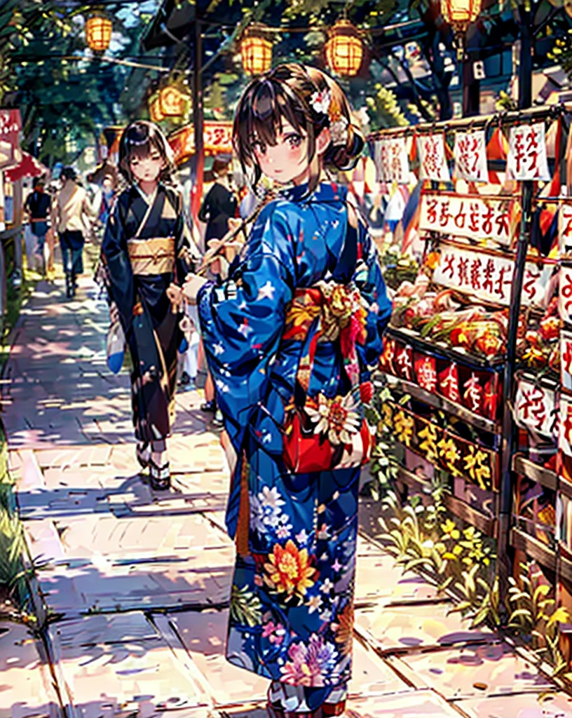 masterpiece, highest quality, super detailed, figure, OMATSURI, food stand, 1 girl, beautiful eyes, looking at the viewer, from behind, cowboy shot, think back, yukata, wood, outdoors,road, walk,  crowd, night, lanthanum, festival, food, paved, Crossing road, paper lanthanum, street lamppost, brown hair, night sky,