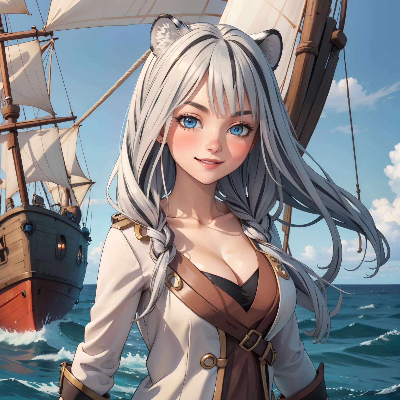 Atlas Fayon woman 25 years old, white hair with black stripes, blue eyes like sapphires,  white tiger ears, SMILE, blush, big breasts.  dressed as a pirate, pirate clothes, neckline,  background a pirate ship in the middle of the ocean. floating hair, mature face.