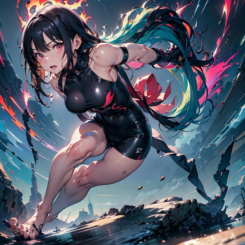 (Tabletop), (Perfect athletic body:1.2), Anime Style, whole body, Cyberpunk Girl, Sea green twin hairstyle with red eyes, Wearing a Cyber Costume, Black and Purple Flaming Fist, Burnt mechanical limbs, Standing in the Wilderness, Flame burning in the chest, White Background, whole body,composition