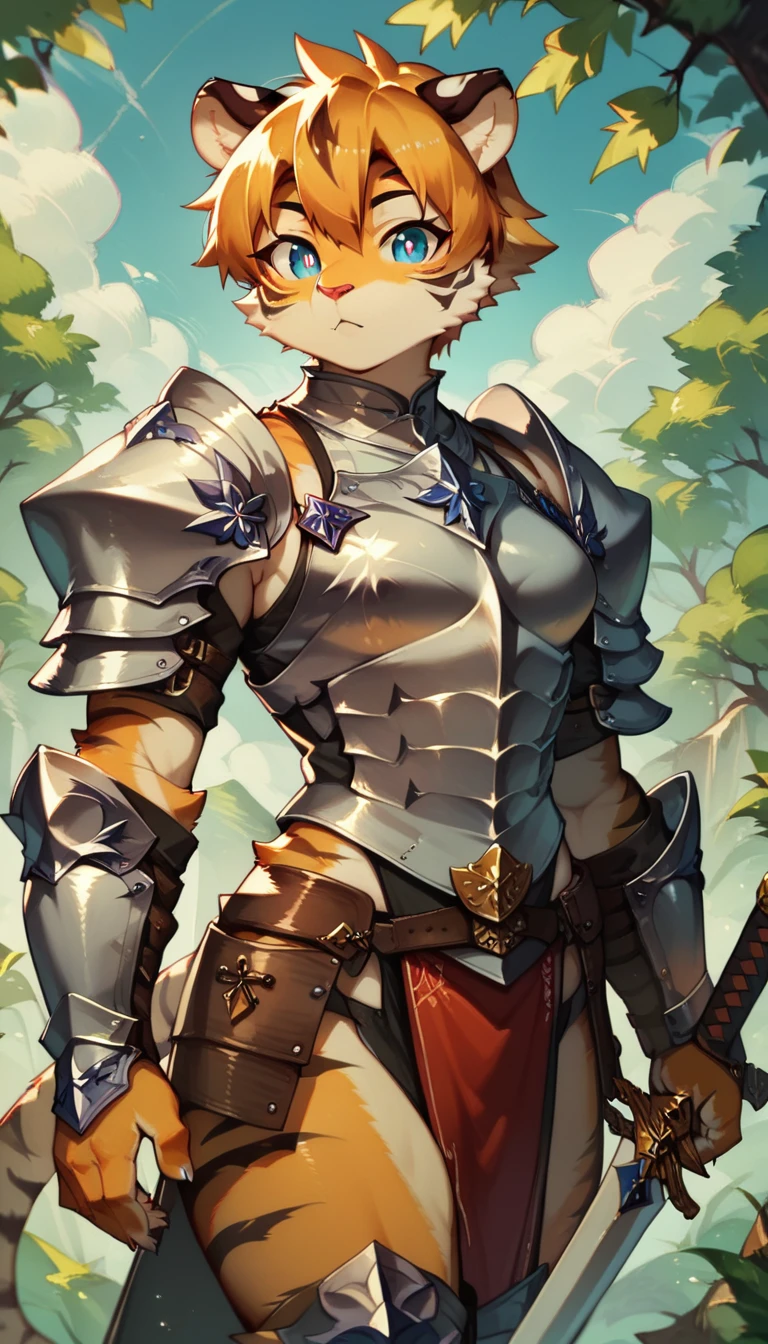 score_9, score_8_up) score_7_up, score_6_up, solo, tiger, kemono, anthro, cute, short hair, blue eyes, white pupils, sexy pose, orange fur, big sword, knight armor, outside,