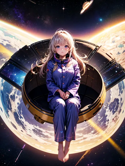 alfid girl in purple pajamas sitting on a huge white object, floating in outer space, floating in space, floating in zero gravit...