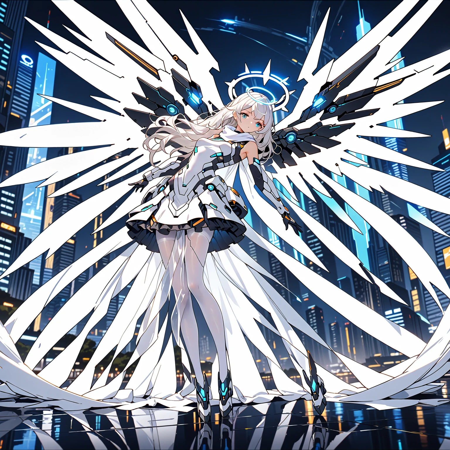 masterpiece, highest quality, highest resolution, clear_image, detailed details, white hair, long hair, 1 girl, futuristic wings, futuristic halo, white sci fi mecha dress, white scarf with blow glow, white pantyhose, full body, no water marks, city, no extra limps, no extra body