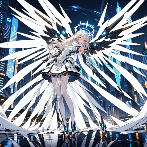 masterpiece, highest quality, highest resolution, clear_image, detailed details, white hair, long hair, 1 girl, futuristic wings...