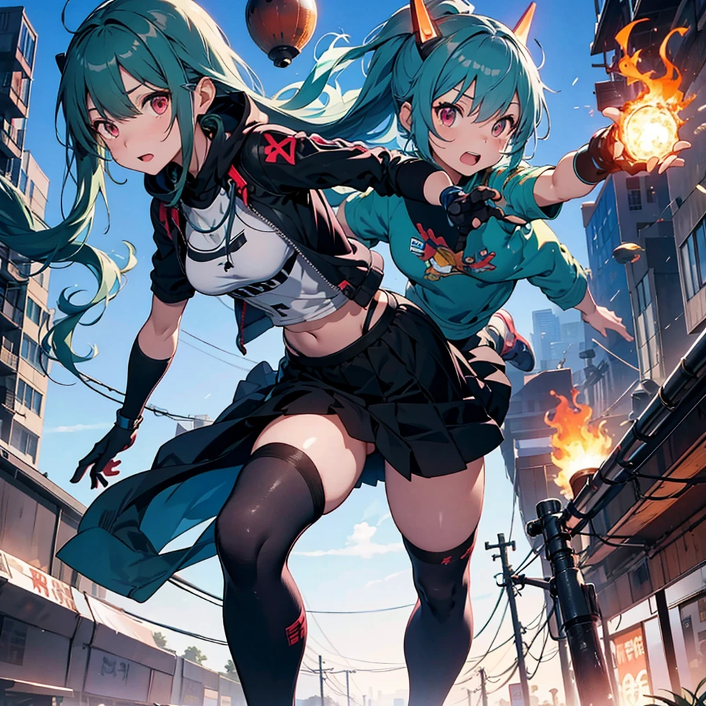 (Tabletop), (Perfect athletic body:1.2), Anime Style, whole body, Cyberpunk Girl, Sea green twin hairstyle with red eyes, Wearing a Cyber Costume, Black and Purple Flaming Fist, Burnt mechanical limbs, Standing in the Wilderness, Flame burning in the chest, White Background, whole body,composition