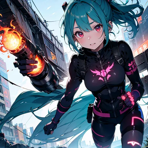 (Tabletop), (Perfect athletic body:1.2), Anime Style, whole body, Cyberpunk Girl, Sea green twin hairstyle with red eyes, Wearin...