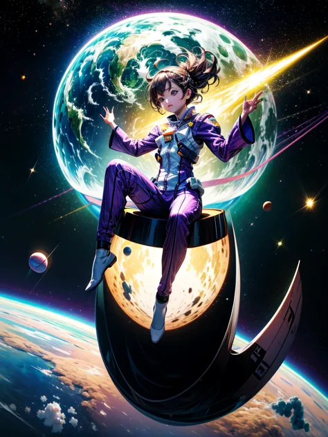 alfid girl in purple pajamas sitting on a huge white object, floating in outer space, floating in space, floating in zero gravit...