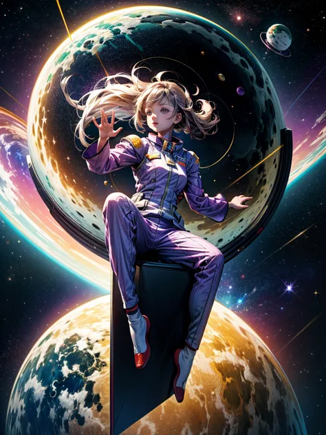 alfid girl in purple pajamas sitting on a huge white object, floating in outer space, floating in space, floating in zero gravit...