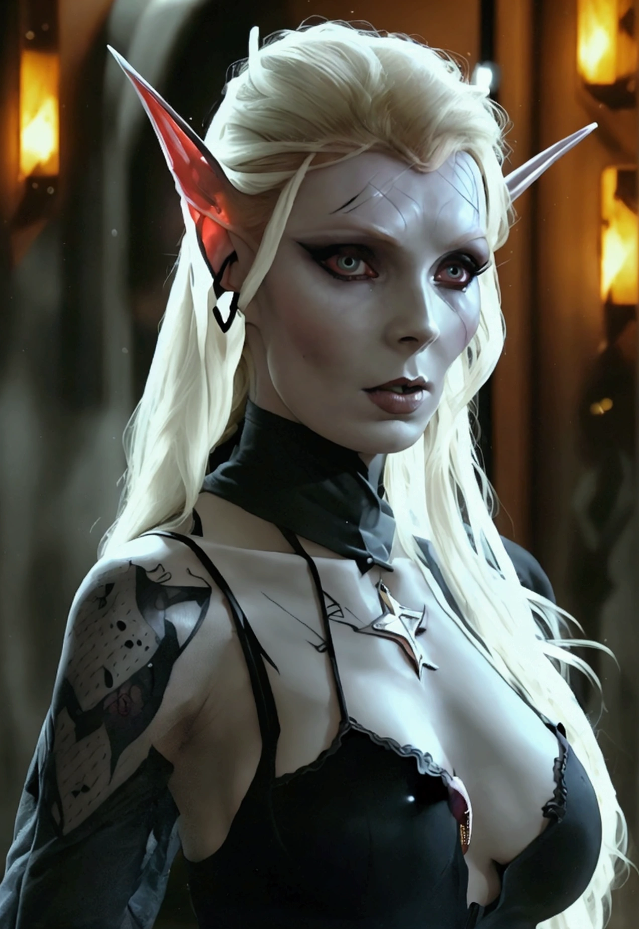 A dark elf (Beverly Crusher, pale white skin, large pointy ears, blood red eyes, large evil tattoos, sheer black lingerie), she is posing sultry in her summoning chamber, (priority:show her entire body)
