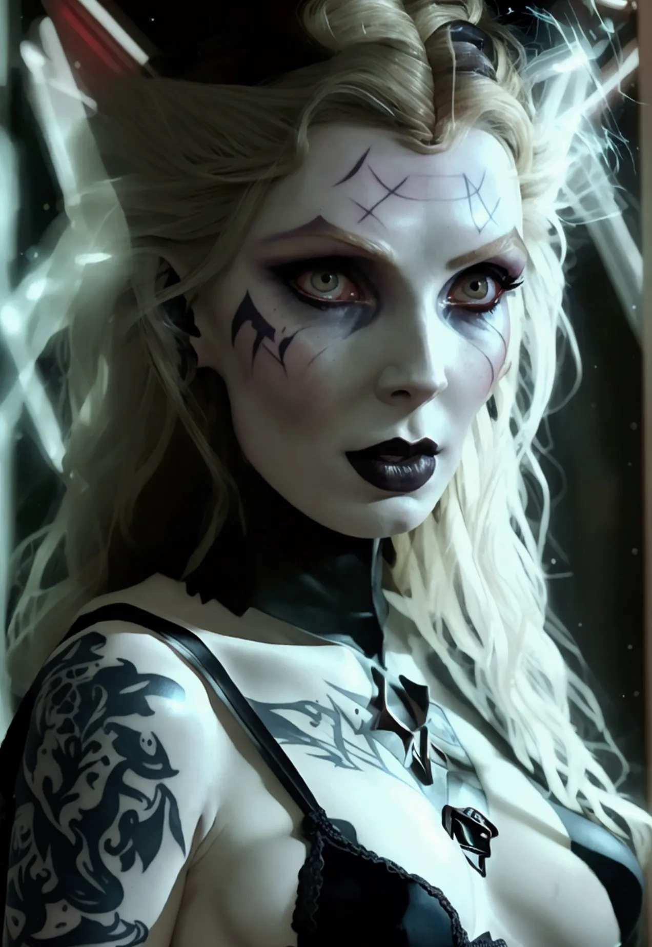 A dark elf (Beverly Crusher, pale white skin, large pointy ears, blood red eyes, large evil tattoos, sheer black lingerie), she ...