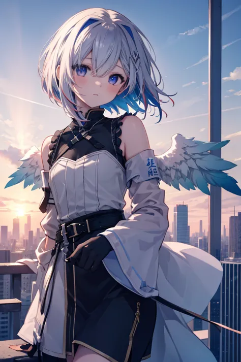 on top of a building、overlooking the city、a fleeting expression、short hair、small wings、shot from above、concept art、masterpiece、h...