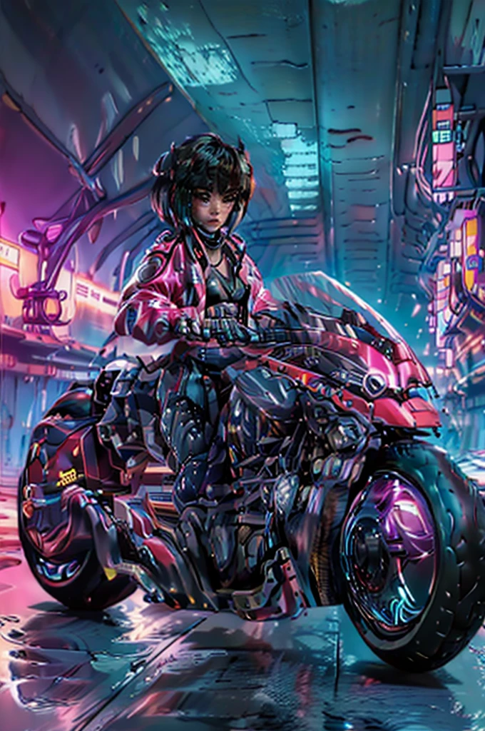 (chef-d&#39;œuvre, Meilleure qualité), personnage féminin assis sur une moto à l&#39;arrêt, style cyberpunk, veste de cuir, pantalon baggy, cheveux courts avec des reflets vibrants, expression confiante, moto futuriste détaillée, accents de néon, Design élégant, éléments de haute technologie., 