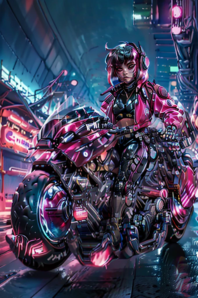 (Meisterwerk, beste Qualität), weibliche Figur, die auf einem stehenden Motorrad sitzt, cyberpunk style, Lederjacke, Schlabberhose, kurzes Haar mit leuchtenden Highlights, selbstbewusster Ausdruck, detailliertes futuristisches Motorrad, Neon-Akzente, schlankes Design, Hightech-Elemente., 