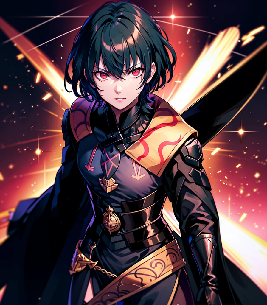 1 person, good looking, expensive, Dark brown skin, Black Hair, Red eyes, Science fiction, Wearing a black military uniform, Completely isolated on a pitch black background, High resolution, Super sharp, 8K, masterpiece, View your viewers, High resolution, Sharp focus, Absurd, Bokeh,Byleth