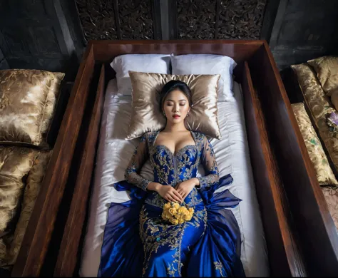 In a striking 8K HDR scene, a stunning Korean woman, 22 years old, lies peacefully in a black coffin surrounded by plush pillows...