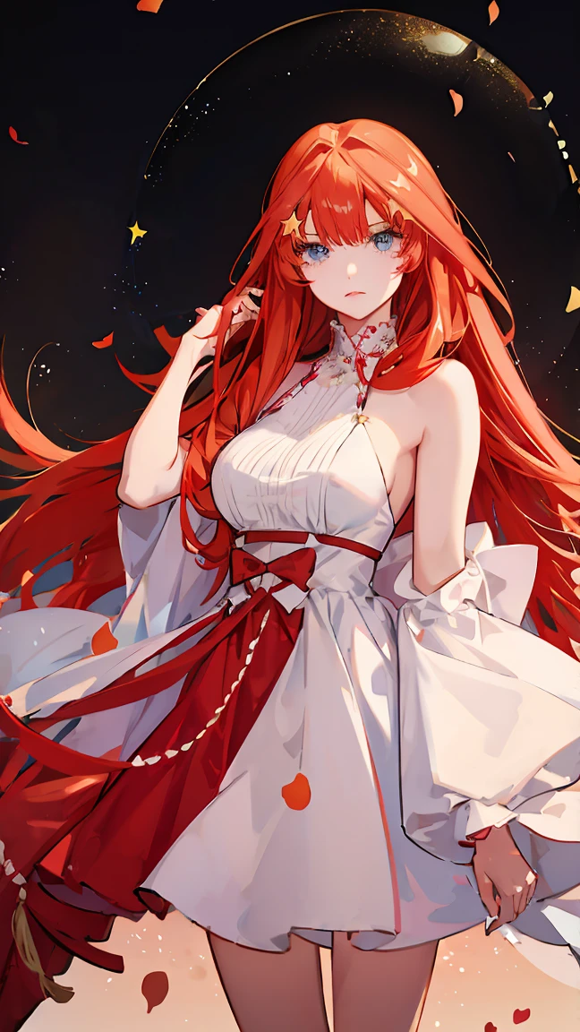 beautiful redheaded girl with long hair, star hairclips, itsuki nakano, girl wearing white and red short dress with thin straps,detailed face,beautiful detailed eyes,beautiful detailed lips,extremely detailed eyes and face,longeyes lashes,graceful pose,standing in a field of flowers,natural lighting,vibrant colors,highly detailed,photorealistic,8k,masterpiece
