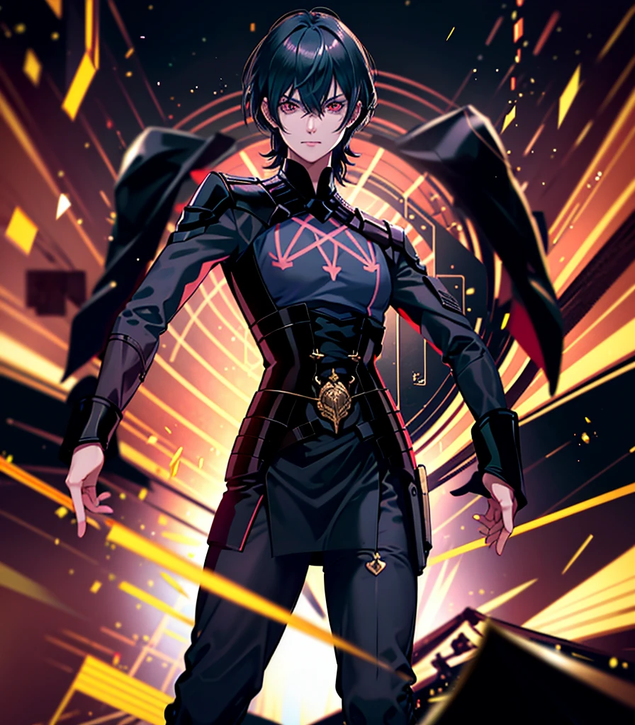 1 person, good looking, expensive, Dark brown skin, Black Hair, Red eyes, Science fiction, Wearing a black military uniform, Completely isolated on a pitch black background, High resolution, Super sharp, 8K, masterpiece, View your viewers, High resolution, Sharp focus, Absurd, Bokeh,Byleth