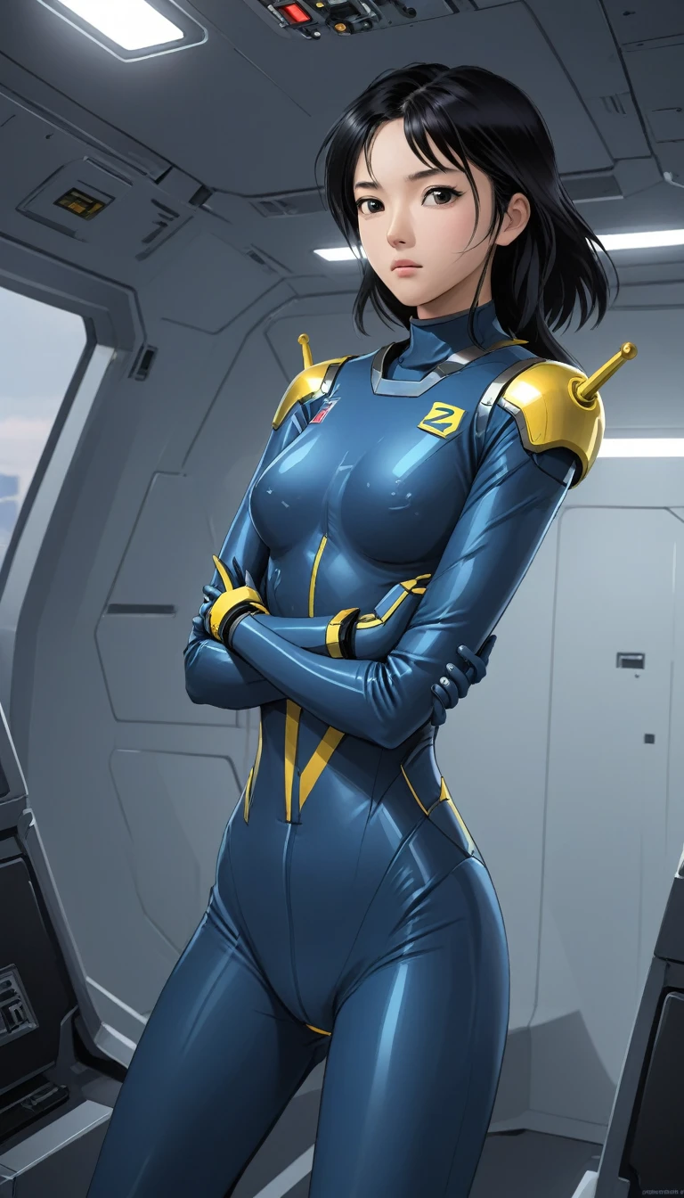 1 Girl、Medium Bust、solo、Black Hair、Braid、Mobile Race Suit、Shoulder Armor、ceiling、Wide Shot、Looking Ahead、Arms crossed、Closed Mouth、Highest quality、medium quality、22 years old、Mobile Trace System、cockpit、Asian、