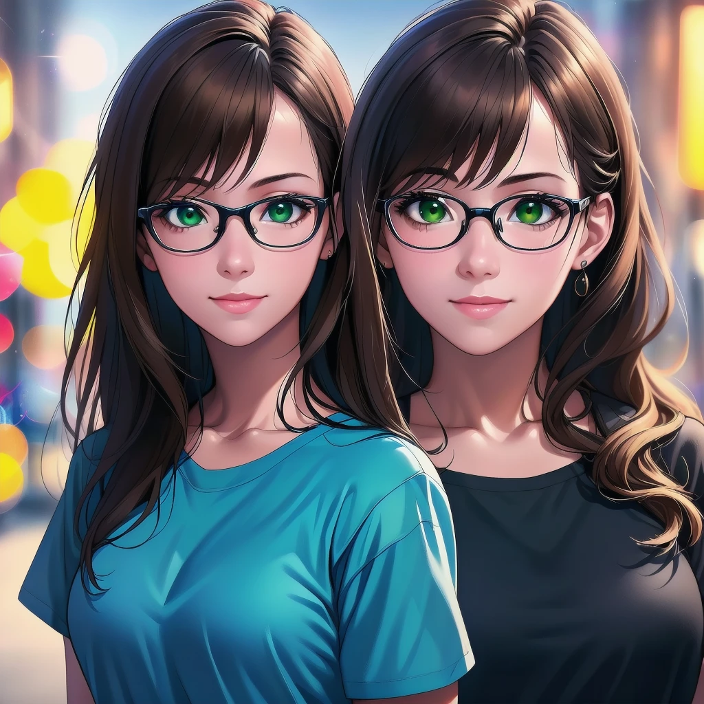 young couple(, 2 woman with long brown hair) same color green eyes ,1girl wearing eyeglasses, fashion,clear,enhanced details,T-shirt,jeans,smiling,street,sunshine,(best quality,4k,8k,highres,masterpiece:1.2),ultra-detailed,(realistic,photorealistic,photo-realistic:1.37),HDR,UHD,studio lighting,ultra-fine painting,sharp focus,physically-based rendering,extreme detail description,professional,vivid colors,bokeh,portraits