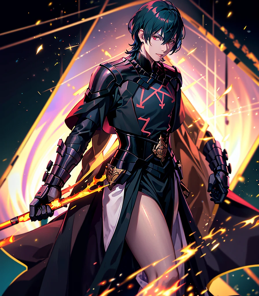 1 person, good looking, expensive, Dark brown skin, Black Hair, Red eyes, Science fiction, Wearing a black military uniform, Completely isolated on a pitch black background, High resolution, Super sharp, 8K, masterpiece, View your viewers, High resolution, Sharp focus, Absurd, Bokeh,Byleth