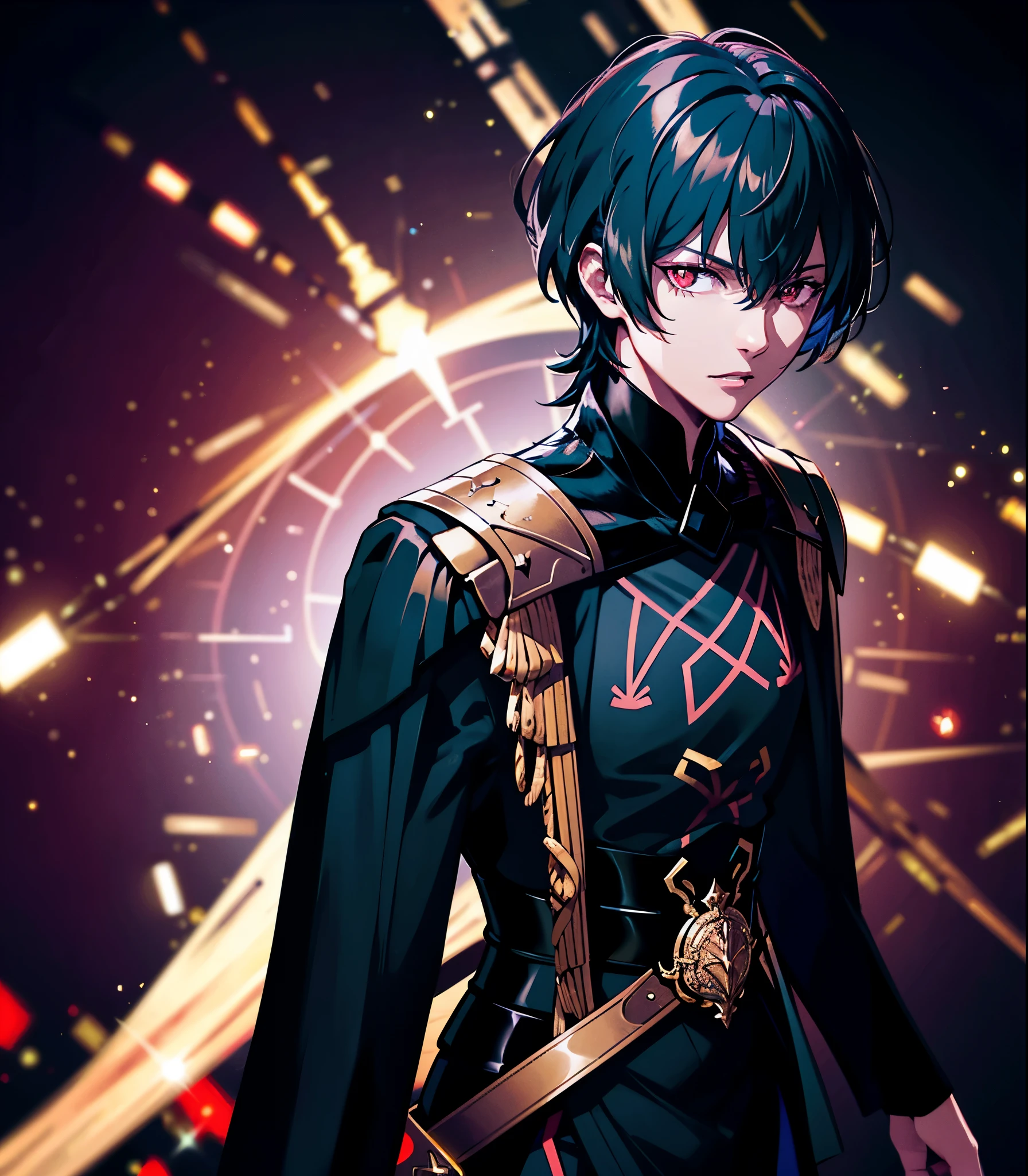 1 person, good looking, expensive, Dark brown skin, Black Hair, Red eyes, Science fiction, Wearing a black military uniform, Completely isolated on a pitch black background, High resolution, Super sharp, 8K, masterpiece, View your viewers, High resolution, Sharp focus, Absurd, Bokeh,Upper Body,Byleth