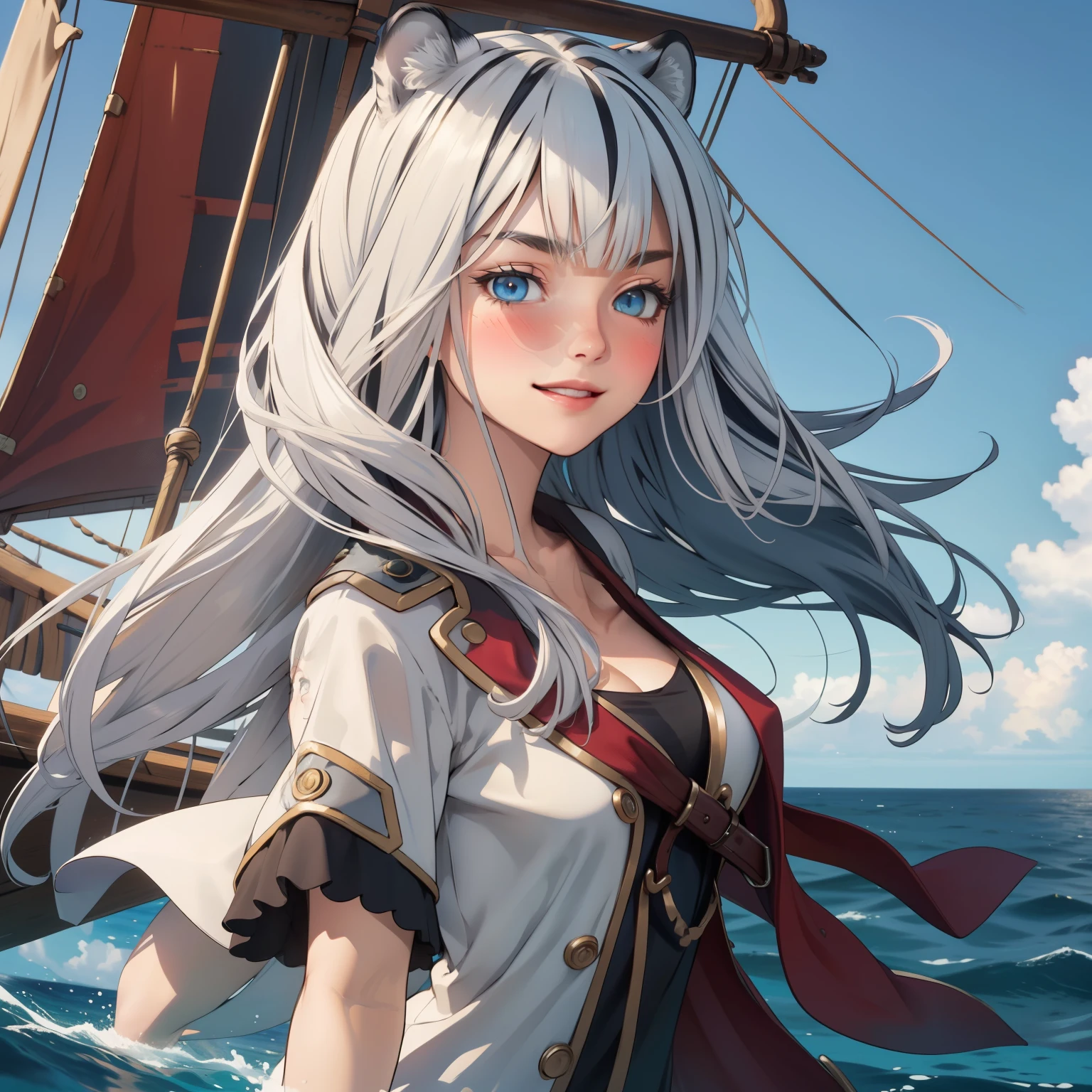 Atlas Fayon woman 25 years old, white hair with black stripes, blue eyes like sapphires,  white tiger ears, SMILE, blush, big breasts.  dressed as a pirate, pirate captain clothing, neckline,  background a pirate ship in the middle of the ocean. floating hair, mature face. neckline, 