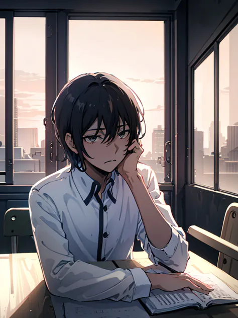 ((best quality)), ((masterpiece)), (detailed), boy, high , uniform, bored look, blank look, disinterested look, resting on desk,...