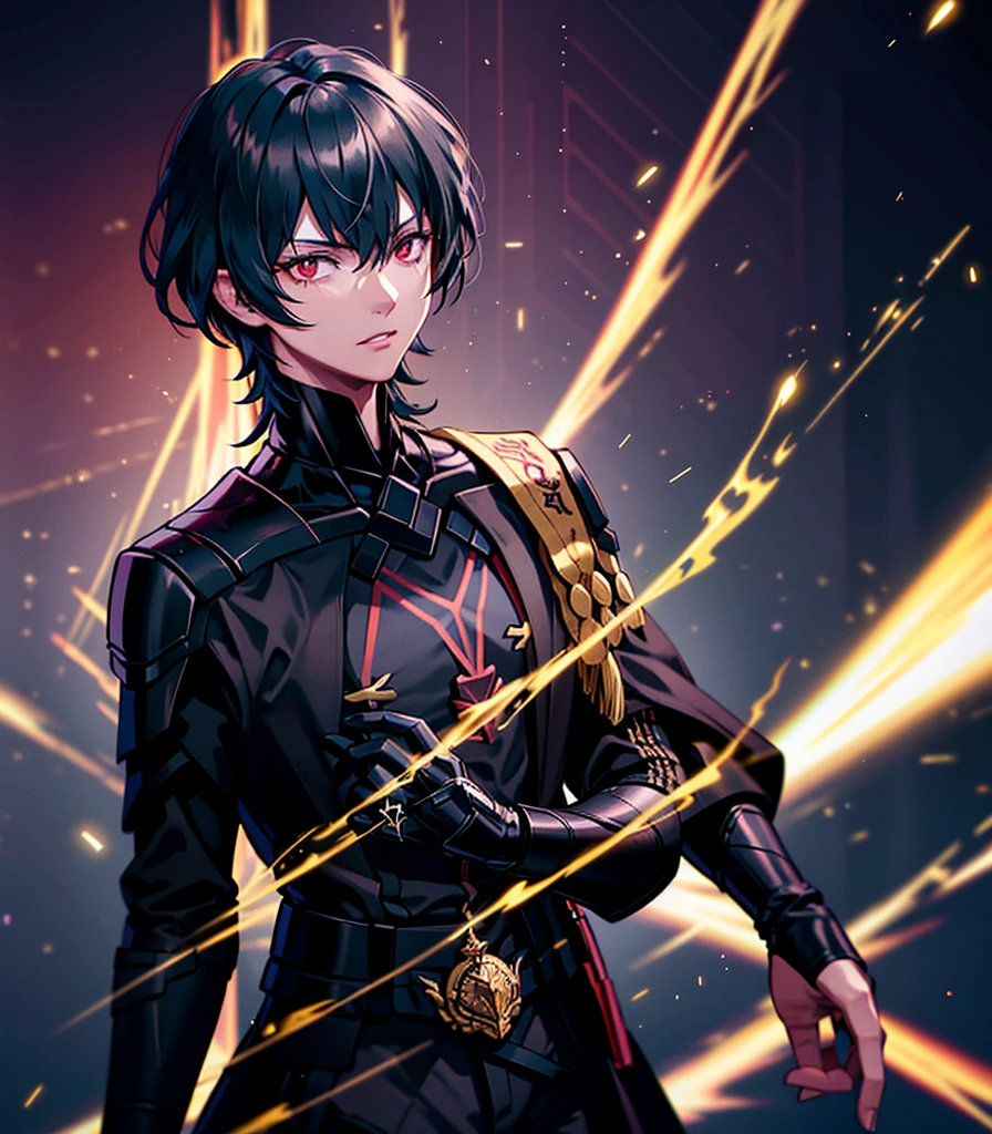 1 person, good looking, expensive, Dark brown skin, Black Hair, Red eyes, Science fiction, Wearing a black military uniform, Completely isolated on a pitch black background, High resolution, Super sharp, 8K, masterpiece, View your viewers, High resolution, Sharp focus, Absurd, Bokeh,Upper Body,Byleth