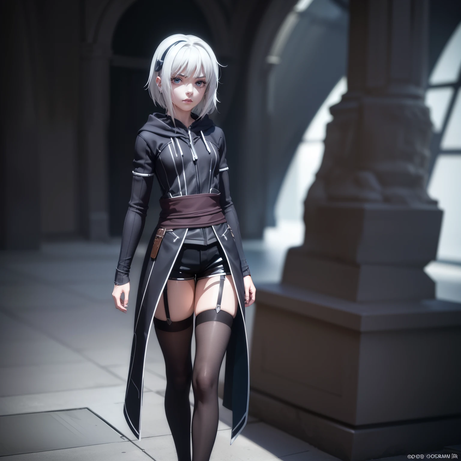 1 girl,character with cat ears, silver hair, short hair, beautiful detailed eyes, beautiful detailed lips, extremely detailed eyes and face, long eyelashes, wearing black hooded outfit, thigh-high stockings, garters, short shorts, (best quality,4k,8k,highres,masterpiece:1.2),ultra-detailed,(realistic,photorealistic,photo-realistic:1.37),concept art, fantasy, cinematic lighting, dramatic shadows You decided to wear a hoodie and covered your body, hiding yourself Rey 