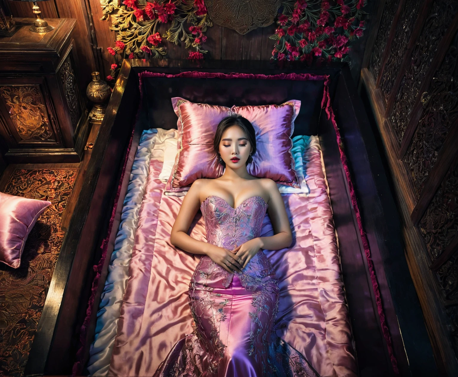 In a striking 8K HDR scene, a stunning Korean woman, 22 years old, lies peacefully in a black coffin surrounded by plush pillows. The deep box is set against a rich black background, accentuating the beauty of the subject. Her exquisite kebaya attire is embroidered with superb detail, showcasing her round and firm breasts, perfect cleavage, and beautiful eyebrows. Her closed eyes and mouth give an air of serenity, while her visible and absolute cleavage leave nothing to imagination. The scene is bathed in saturated colors, highlighting every intricate aspect from the ball skirt to her clean face, straight body, detailed hand perfect hands, straight body, own hands together, own hand on stomach, detailed hands, perfect hands.