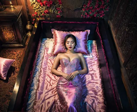 In a striking 8K HDR scene, a stunning Korean woman, 22 years old, lies peacefully in a black coffin surrounded by plush pillows...