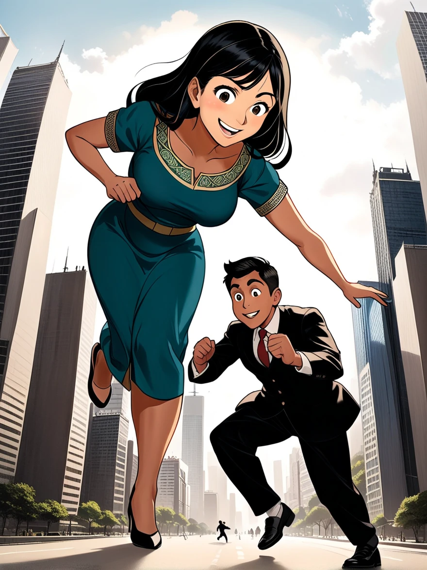 A colossal Caucasian woman peering down a miniature South Asian man who is frantically running away. She is about to pick him up, her face showing a mischievous grin. The setting is an urban landscape with large skyscrapers surrounding them that are dwarfed by her towering stature.