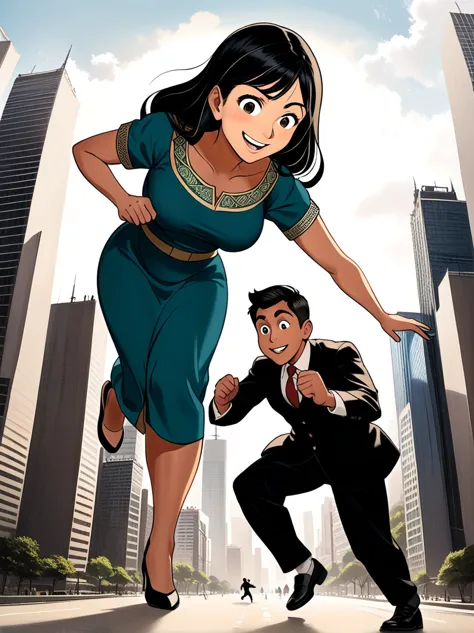 A colossal Caucasian woman peering down a miniature South Asian man who is frantically running away. She is about to pick him up...