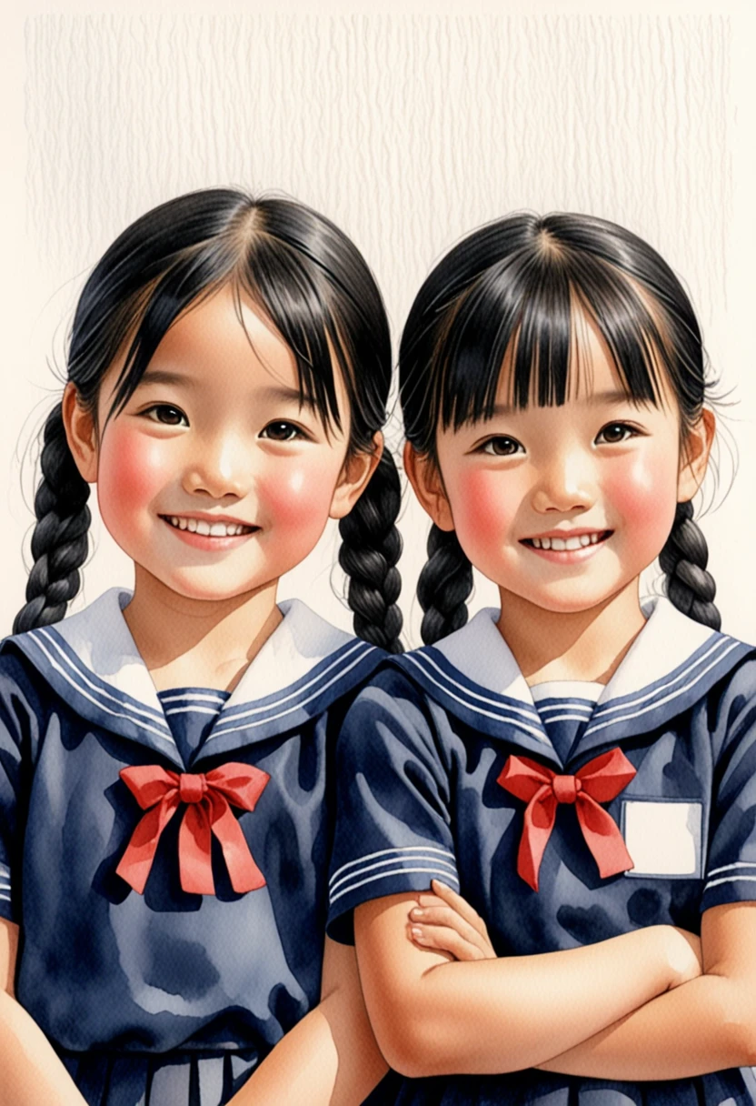 Hand-drawn watercolor illustration, Two Girls,Black Hair（Two braids）,Japanese elementary school students, Navy blue sailor suit,6 years old, smile,cute, cute, Simple, Pencil line drawing