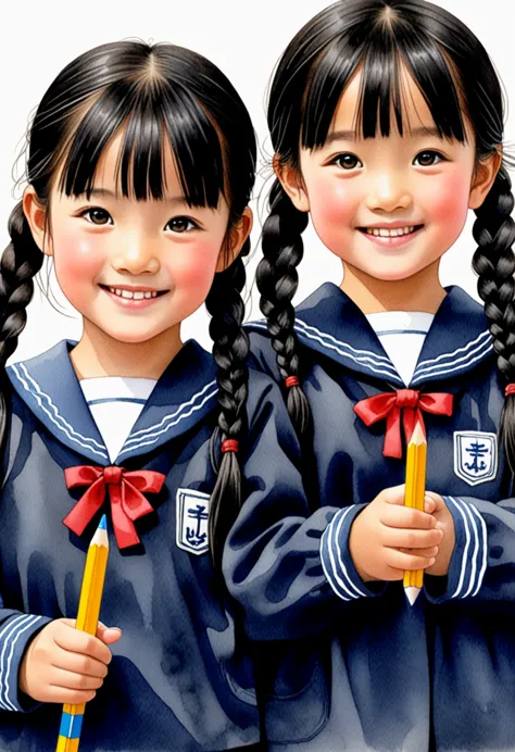 hand-drawn watercolor illustration, two girls,black hair（two braids）,japanese elementary school students, navy blue sailor suit,...